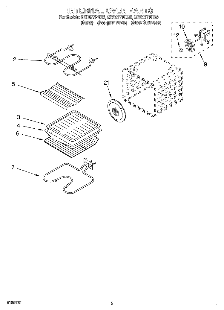 INTERNAL OVEN Diagram and Parts List for GBD277PDS6  Whirlpool Wall Oven