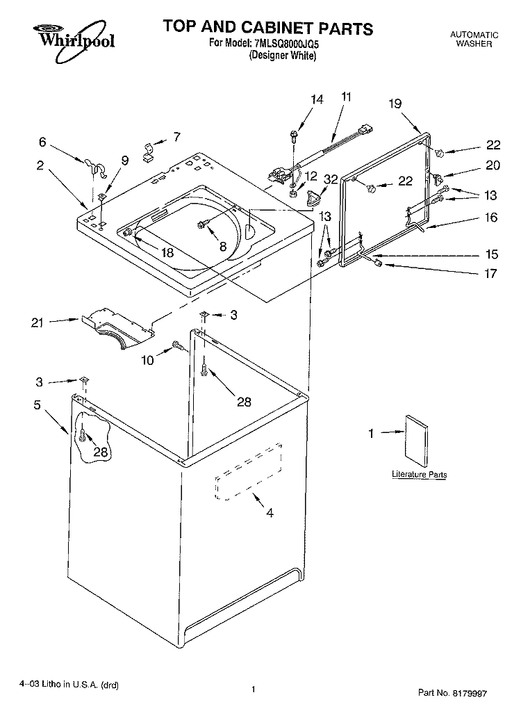 TOP AND CABINET PARTS Diagram and Parts List for 7MLSQ8000JQ5  Whirlpool Washer