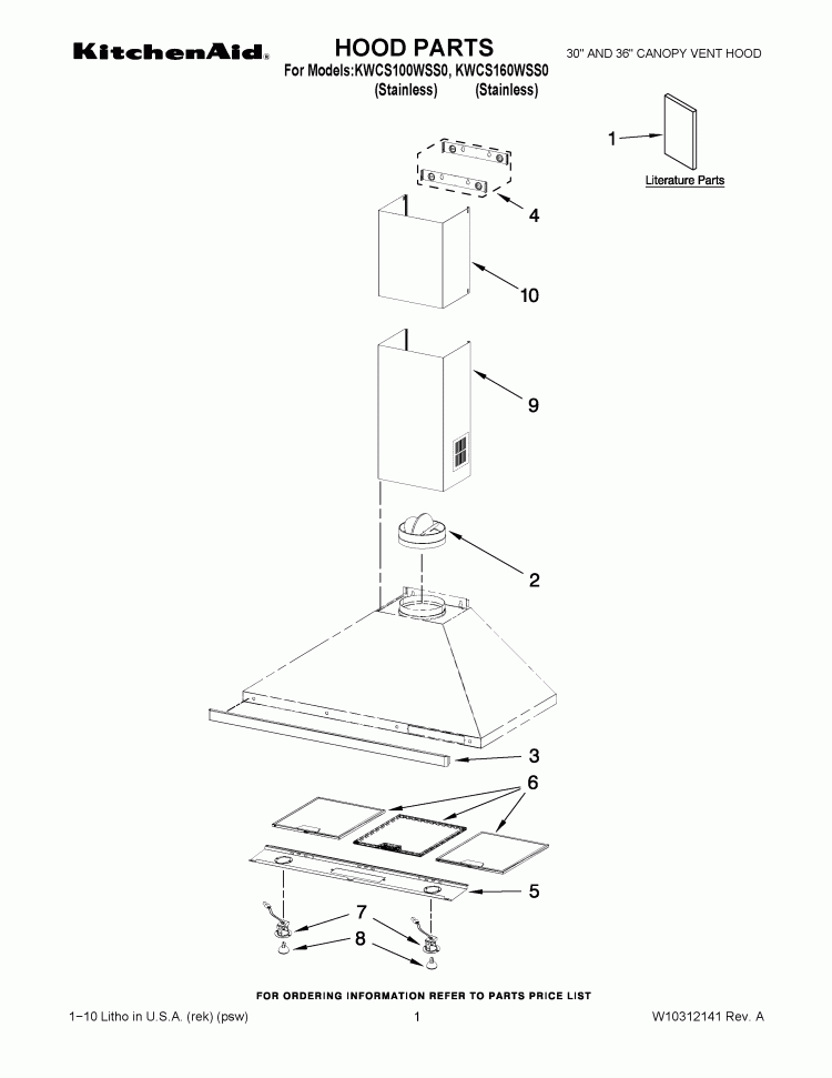 HOOD PARTS Diagram and Parts List for KWCS100WSS0  KitchenAid Range Hood