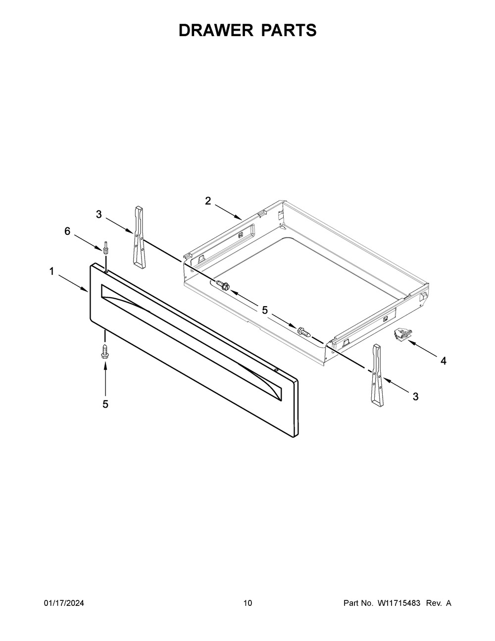 Drawer Parts Diagram and Parts List for WEG515S0LW4  Whirlpool Range