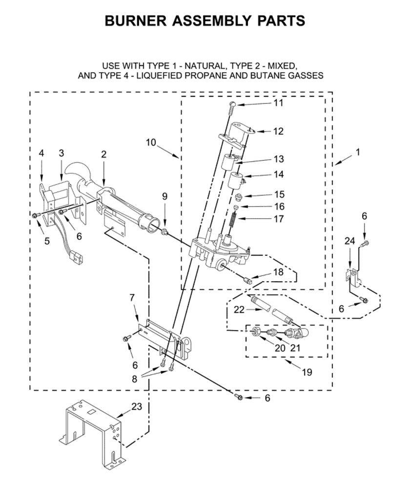 Burner Assembly Diagram and Parts List for CGT9100GQ0  Whirlpool Washer Dryer Combo