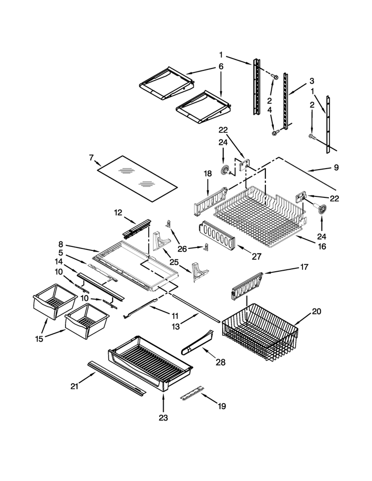 Shelf Parts Diagram and Parts List for 5GBB22PRAW00  Whirlpool Refrigerator