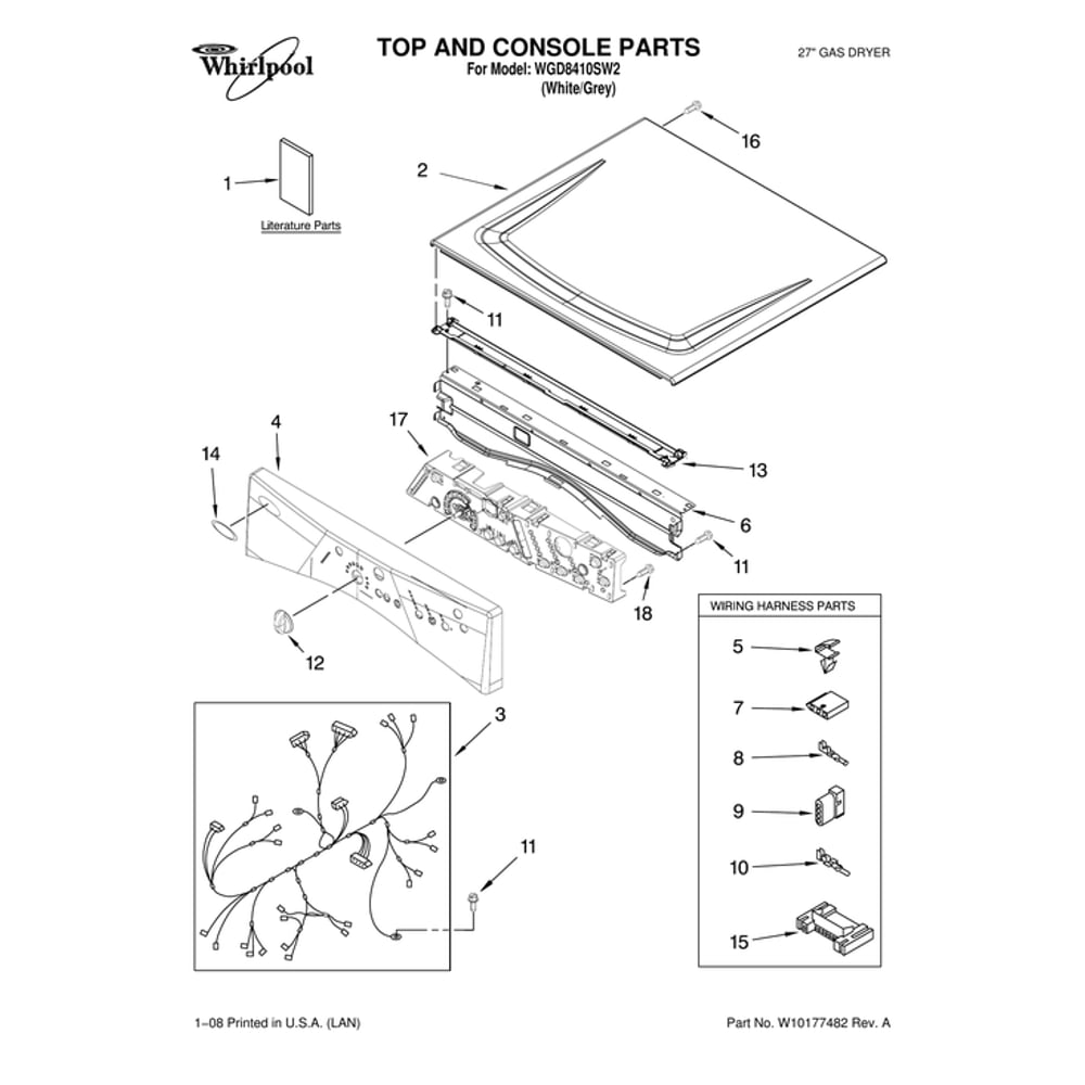 Top And Console Parts Diagram and Parts List for WGD8410SW2  Whirlpool Dryer