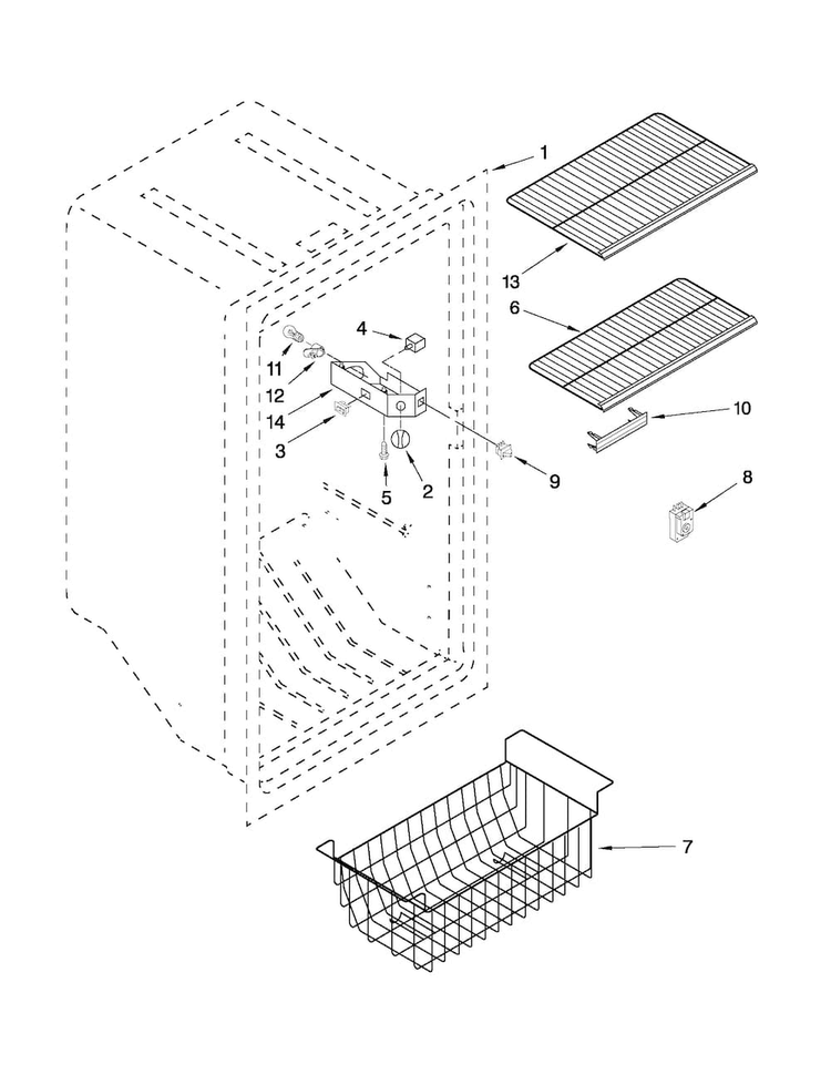 Liner Parts Diagram and Parts List for EV161NZTQ02  Whirlpool Freezer