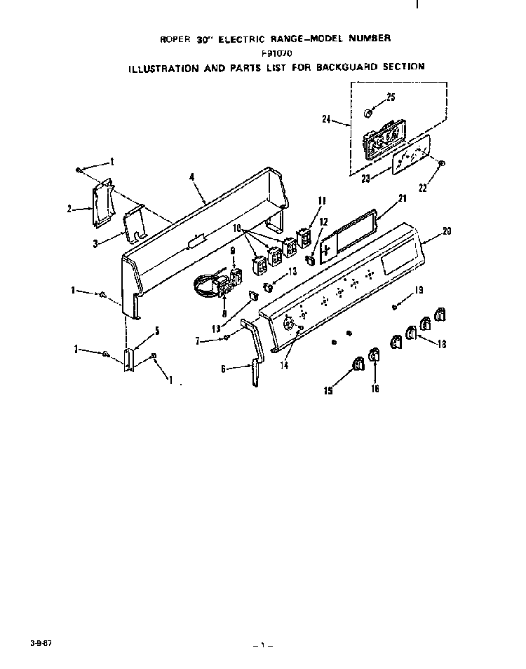 Backguard Diagram and Parts List for F9107*0  Roper Range