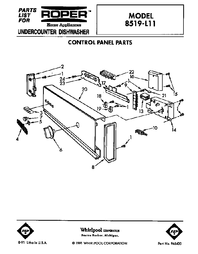 Control Panel Diagram and Parts List for 8519L11  Roper Dishwasher