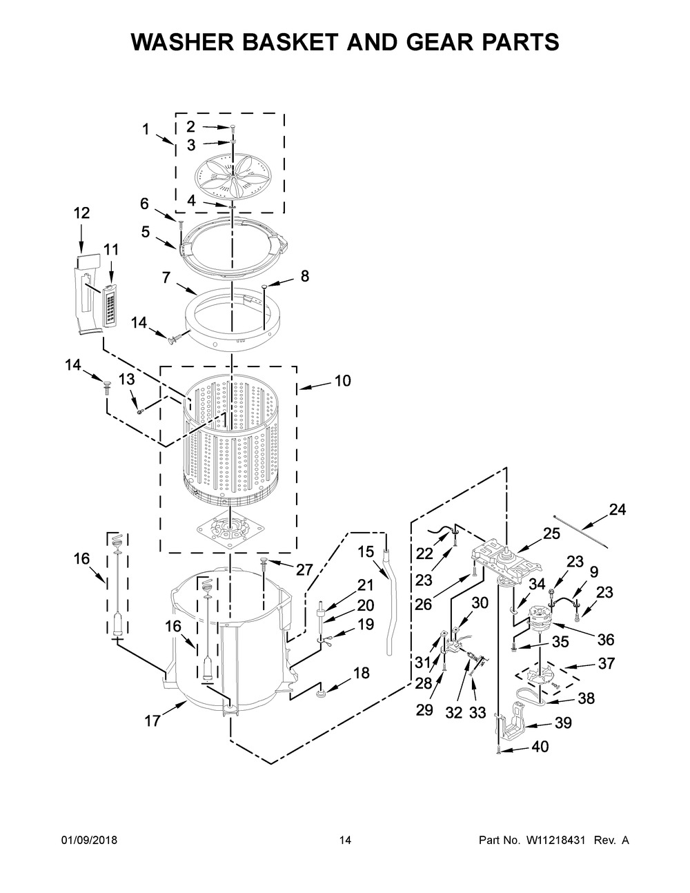 Washer Basket And Gear Parts Diagram and Parts List for YWET4024HW0  Whirlpool Washer Dryer Combo