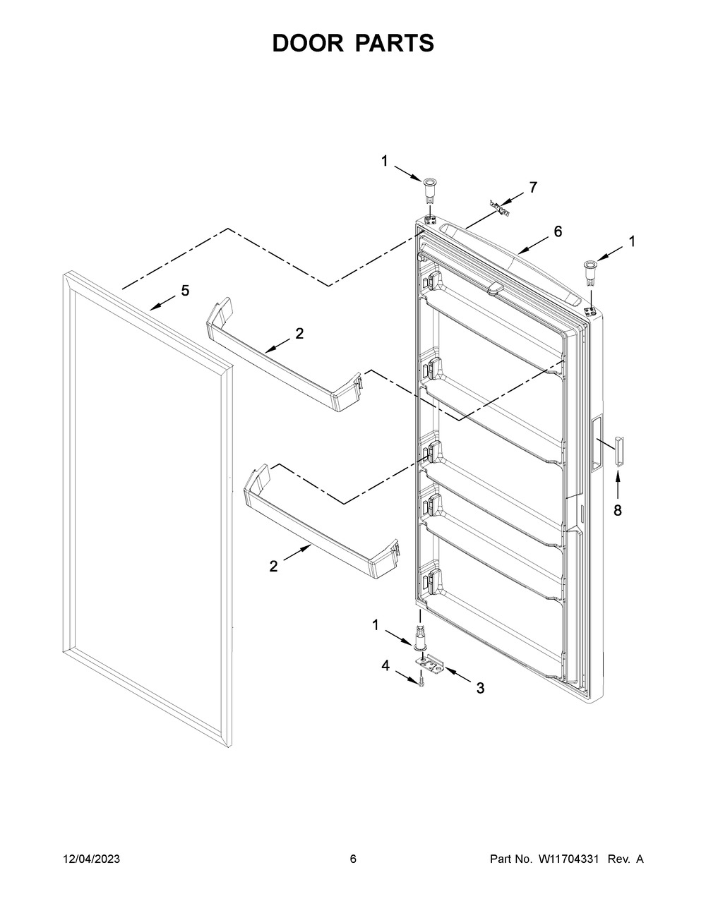 Door Parts Diagram and Parts List for WZF34X20DW06  Whirlpool Freezer
