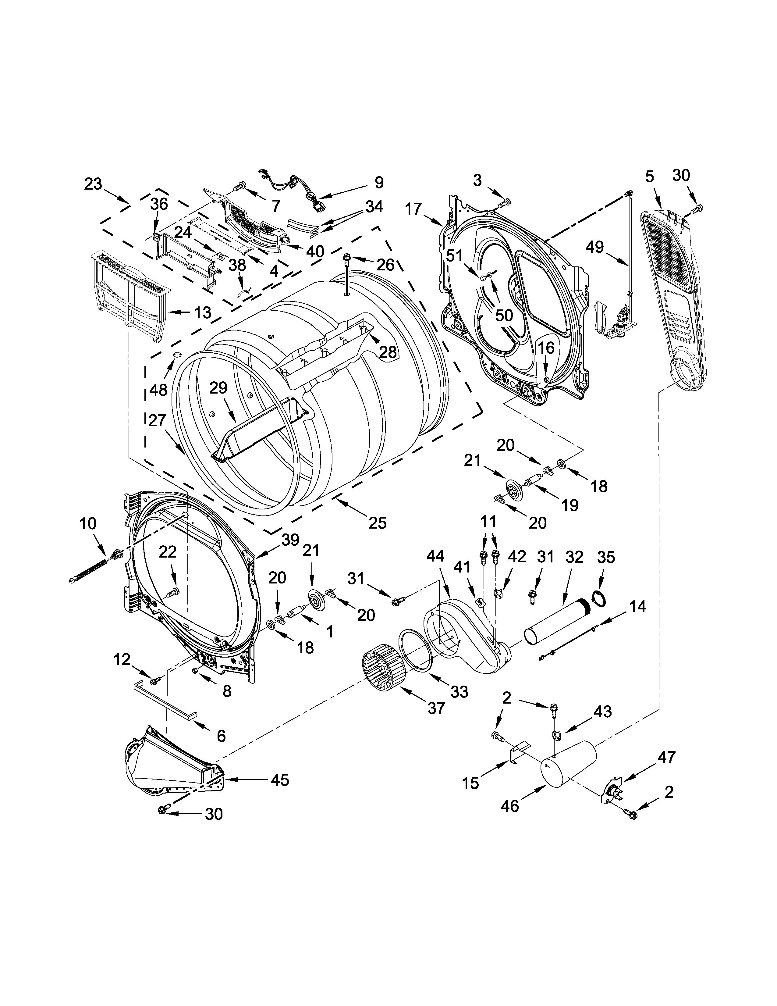 Bulkhead Parts Diagram and Parts List for 11079132413  Kenmore Dryer