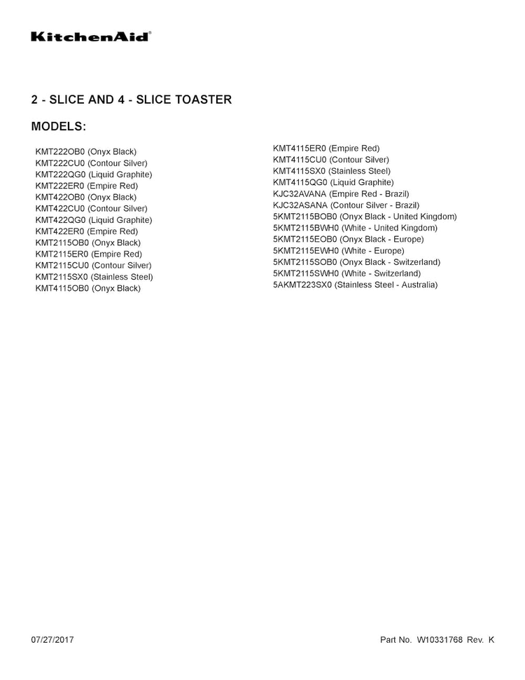 Cover Sheet Diagram and Parts List for KMT422ER0  KitchenAid Toaster