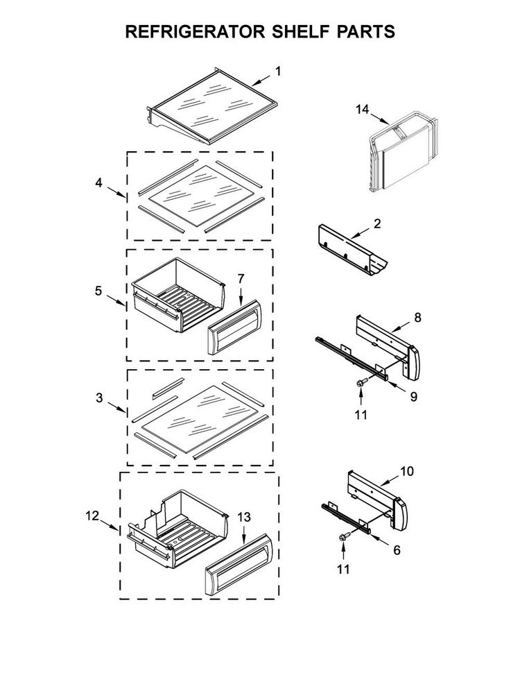 Refrigerator Shelf Parts Diagram and Parts List for KBSD618ESS01  KitchenAid Refrigerator