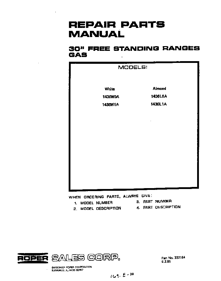 Cover Page-text Only Diagram and Parts List for 1436*1A  Roper Range
