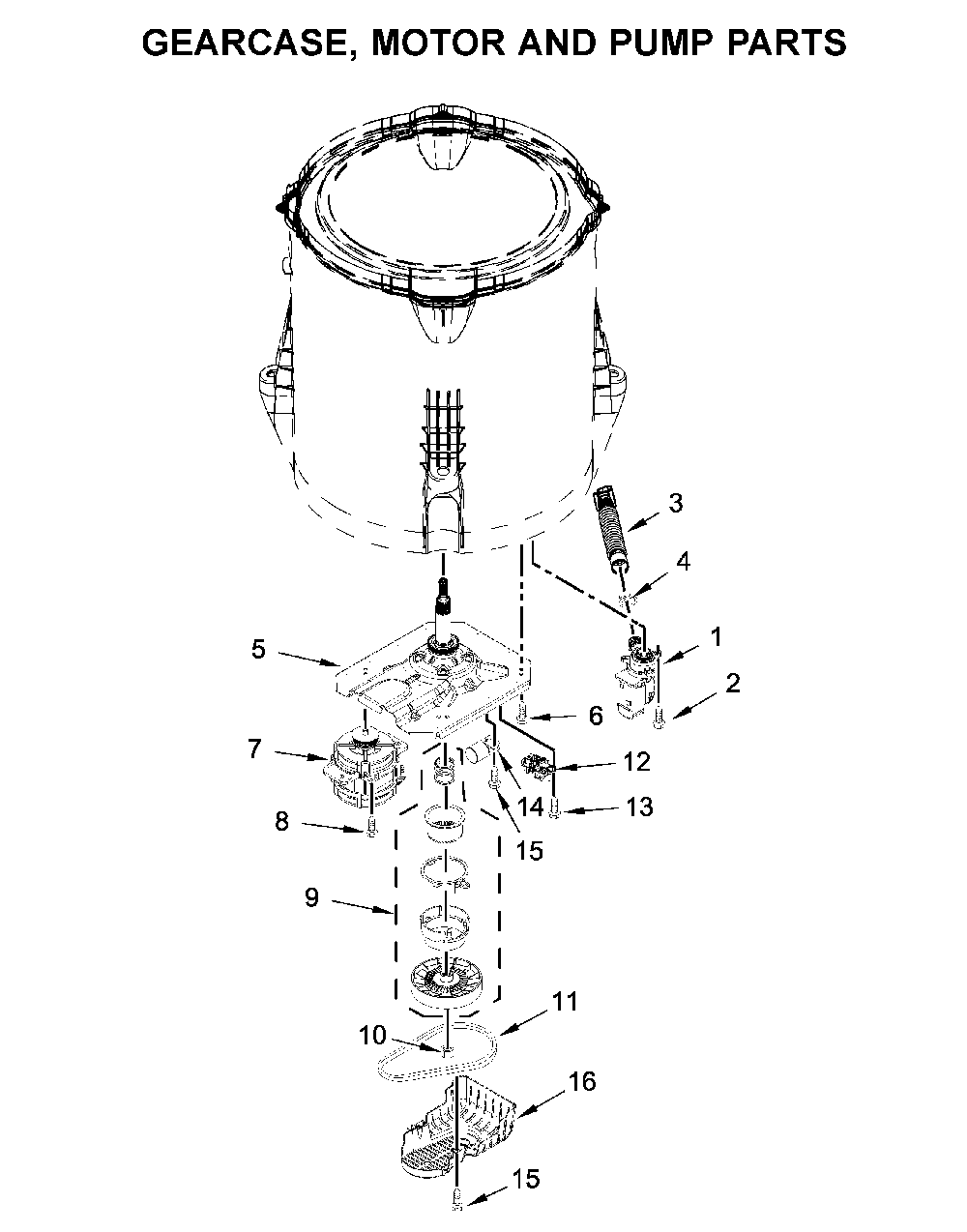 Gearcase, motor and pump parts Diagram and Parts List for 11020362811  Kenmore Washer