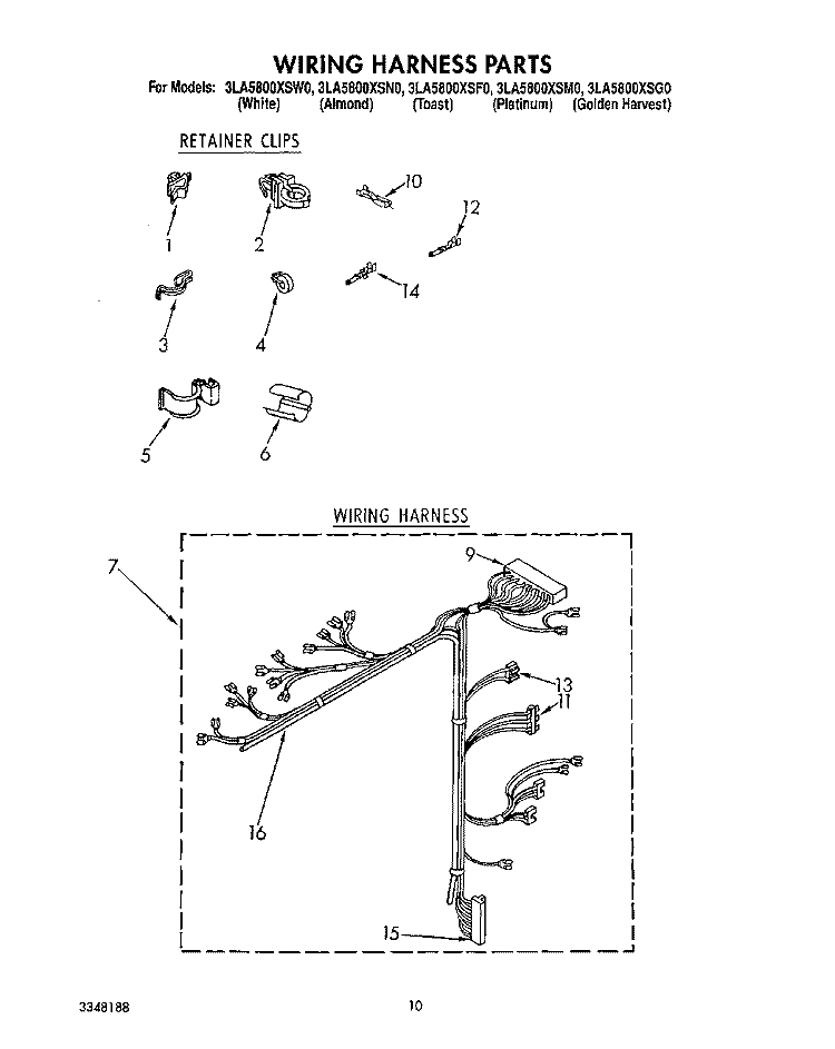 WIRING HARNESS Diagram and Parts List for 3LA5800XSW0  Whirlpool Washer