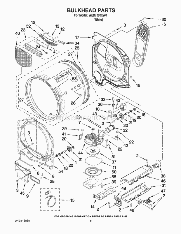 Bulkhead Parts Diagram and Parts List for WED7300XW0  Whirlpool Dryer
