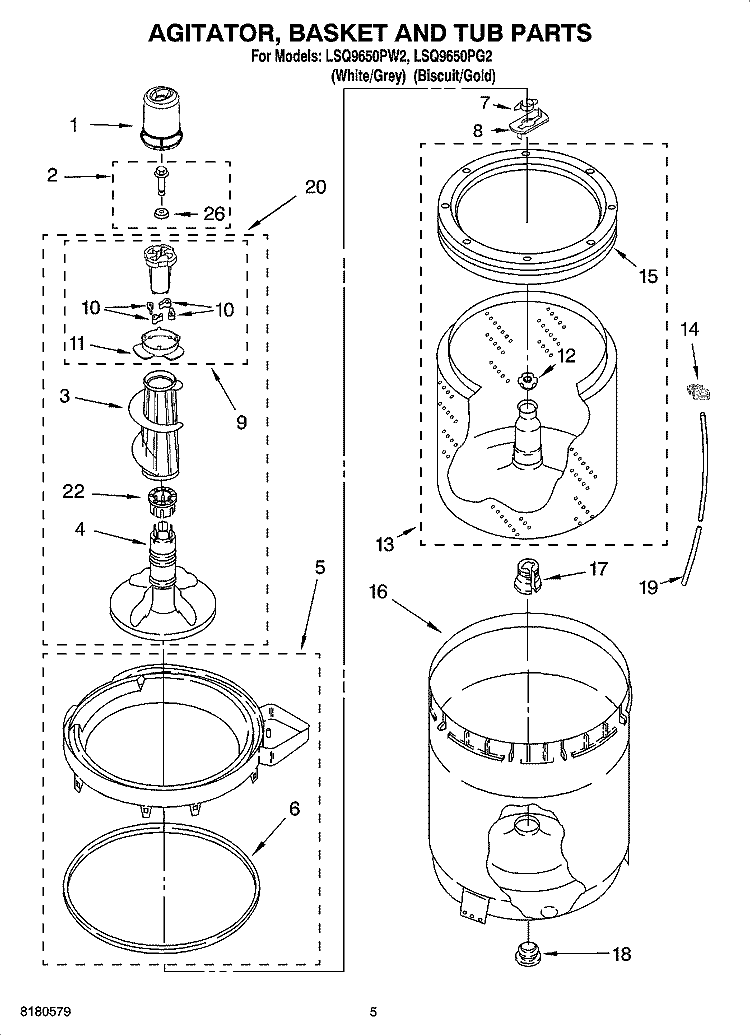 AGITATOR, BASKET AND TUB PARTS Diagram and Parts List for LSQ9650PW2  Whirlpool Washer