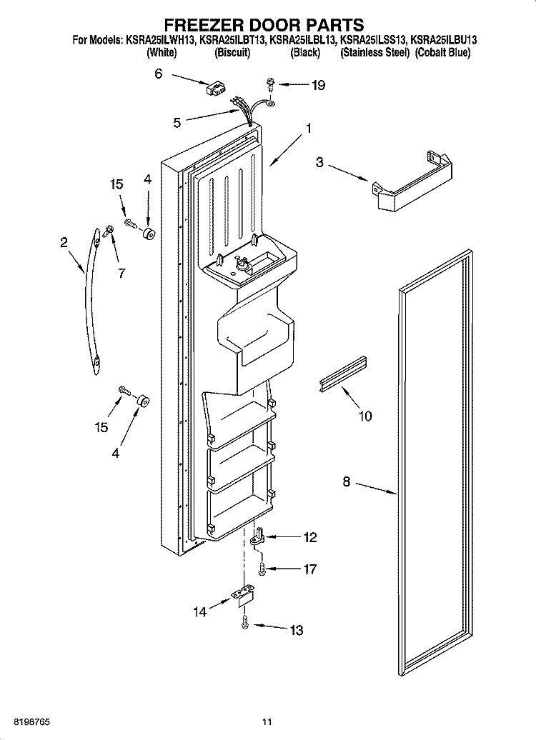 FREEZER DOOR PARTS Diagram and Parts List for KSRA25ILBU13  KitchenAid Refrigerator