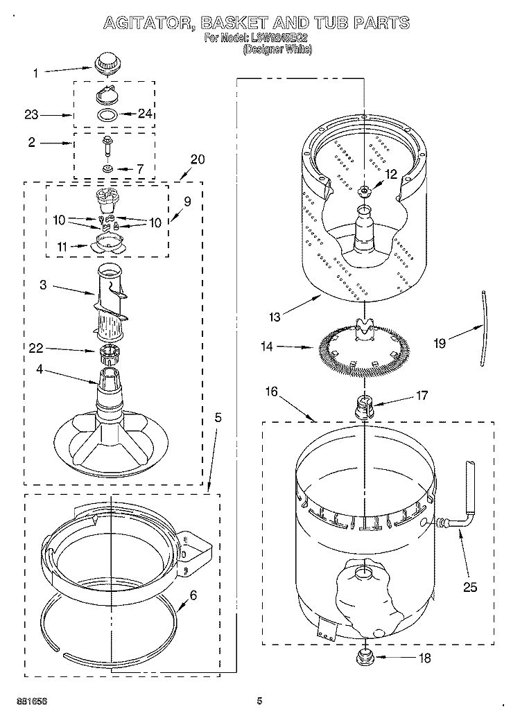 AGITATOR, BASKET AND TUB Diagram and Parts List for LSW9245EQ2  Whirlpool Washer