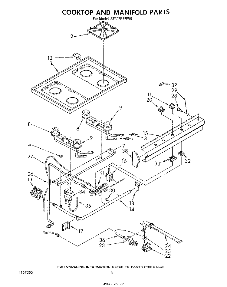COOKTOP AND MANIFOLD, LIT/OPTIONAL Diagram and Parts List for SF302BERW0  Whirlpool Range