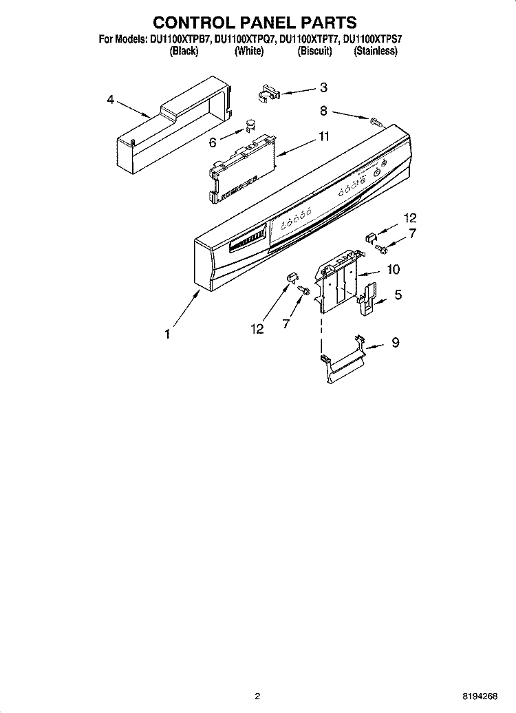 CONTROL PANEL PARTS Diagram and Parts List for DU1100XTPB7  Whirlpool Dishwasher