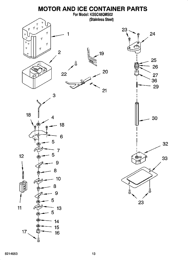 MOTOR AND ICE CONTAINER PARTS Diagram and Parts List for KSSC48QMS02  KitchenAid Refrigerator