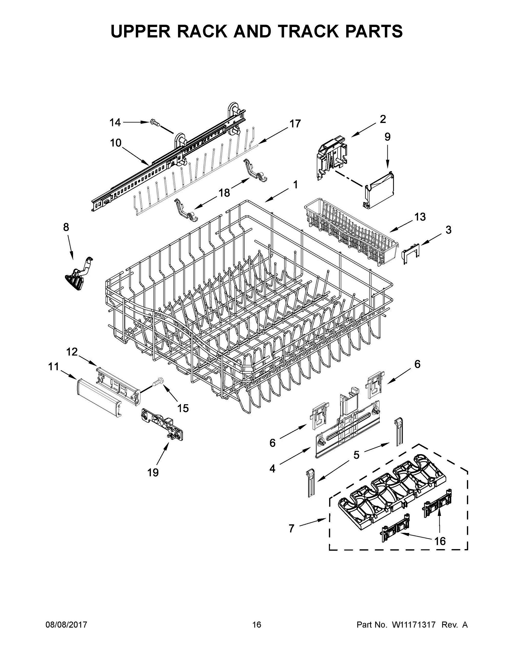 09 - UPPER RACK AND TRACK PARTS Diagram and Parts List for KDTE254EWH3  Whirlpool Dishwasher