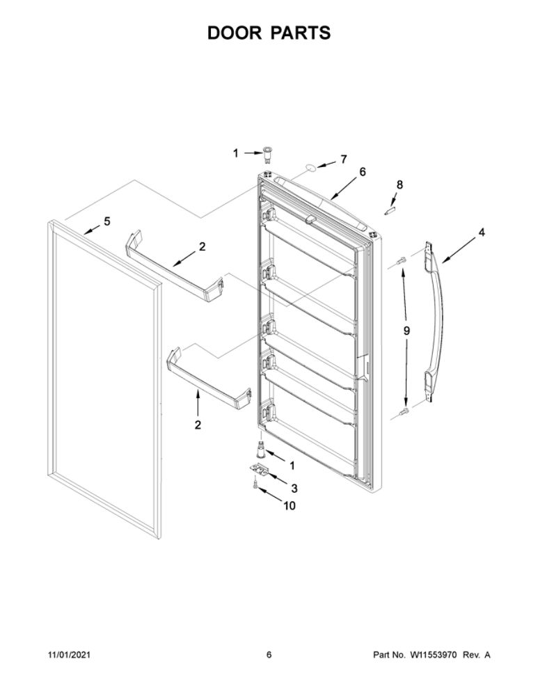 Door Parts Diagram and Parts List for WZF57R16FW07  Whirlpool Freezer