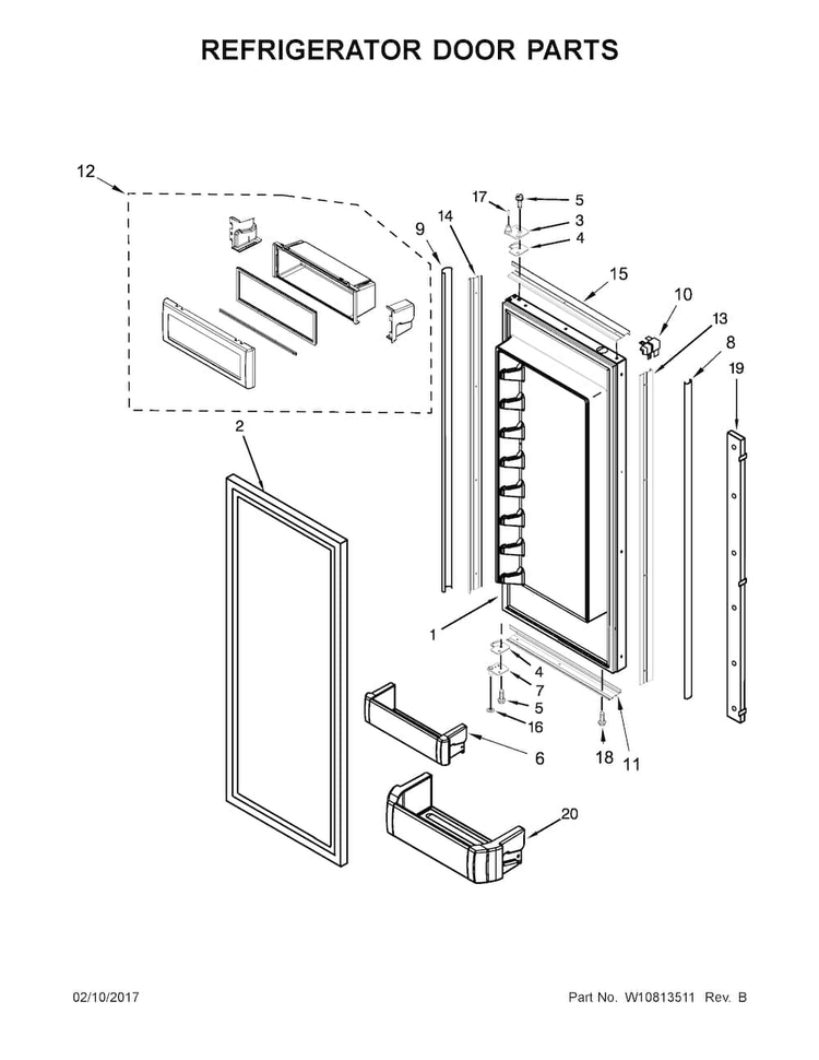 Refrigerator Door Parts Diagram and Parts List for KBFN502EPA01  KitchenAid Refrigerator