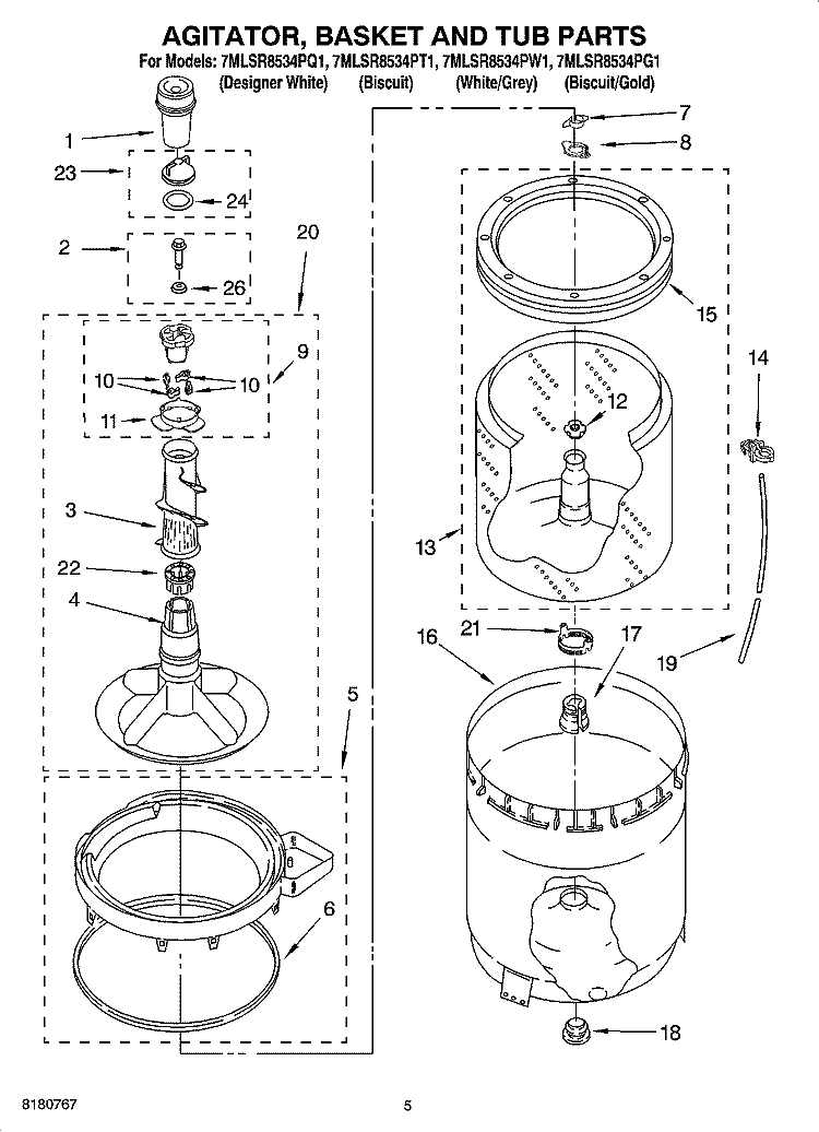 AGITATOR, BASKET AND TUB PARTS Diagram and Parts List for 7MLSR8534PW1  Whirlpool Washer