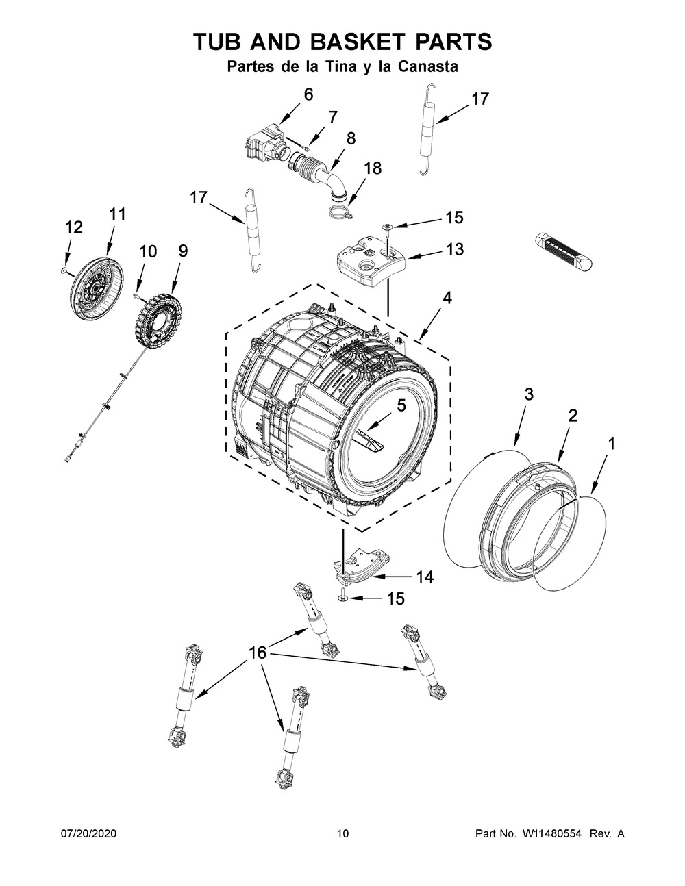 Tub And Basket Parts Diagram and Parts List for 7MWFW560CHW2  Whirlpool Washer