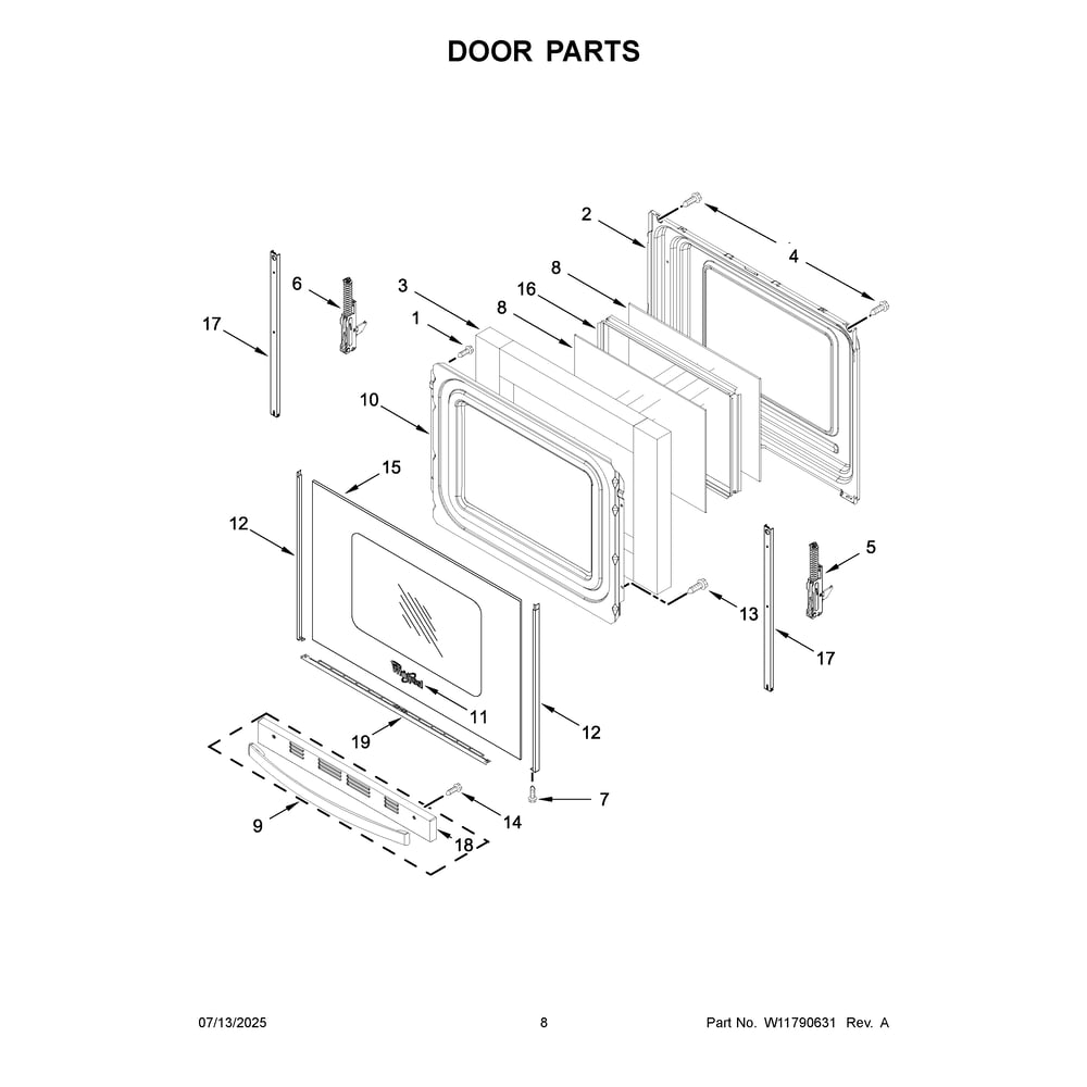 Door Parts Diagram and Parts List for YWFES5730SB0  Whirlpool Range