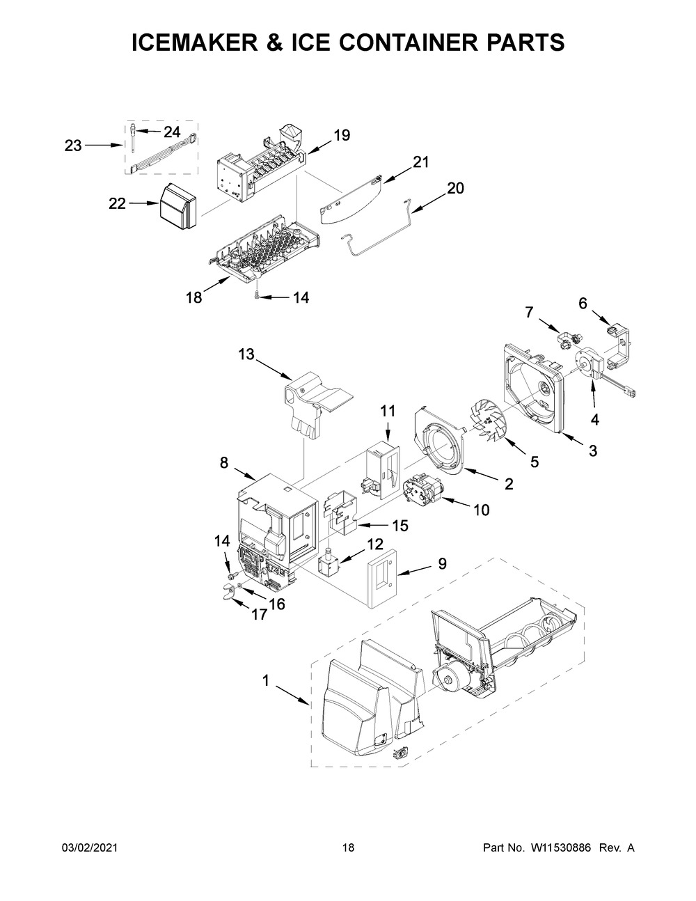 Icemaker And Ice Container Parts Diagram and Parts List for WRX735SDHB03  Whirlpool Refrigerator