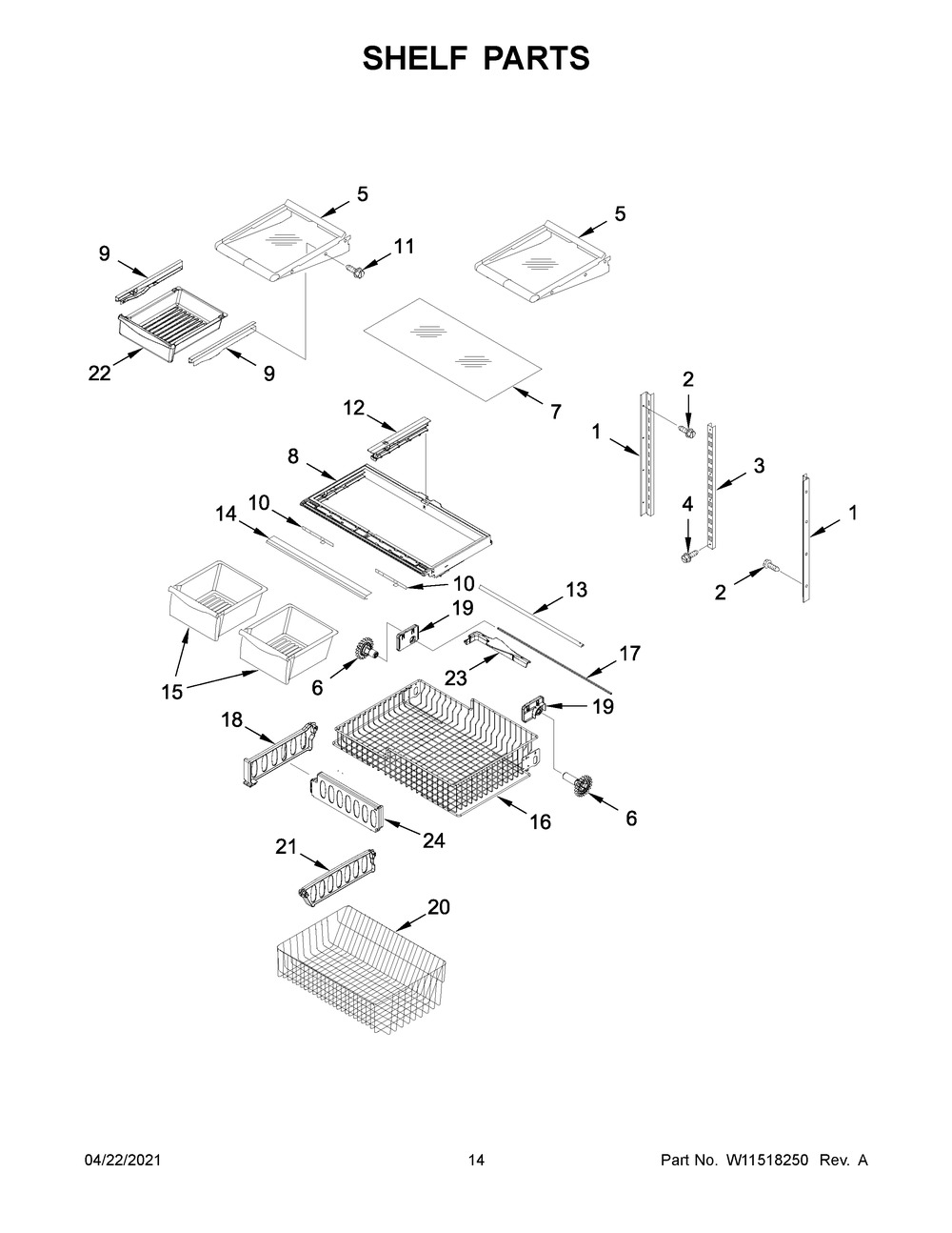 Shelf Parts Diagram and Parts List for WRB322DMBW03  Whirlpool Refrigerator