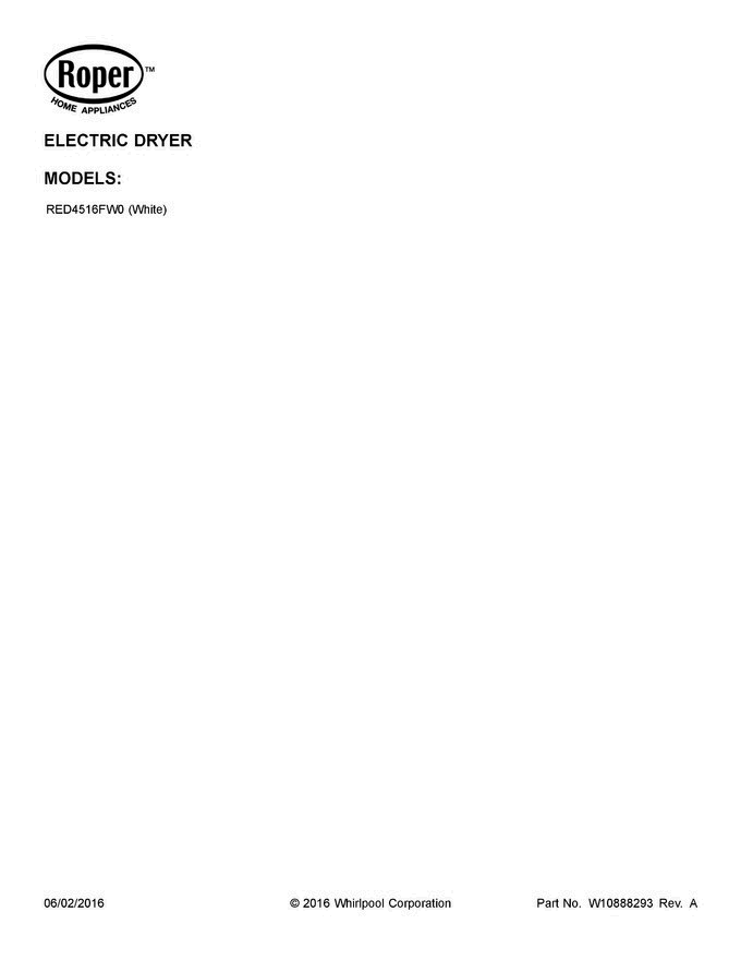 01 - Cover Sheet Diagram and Parts List for RED4516FW0  Roper Dryer