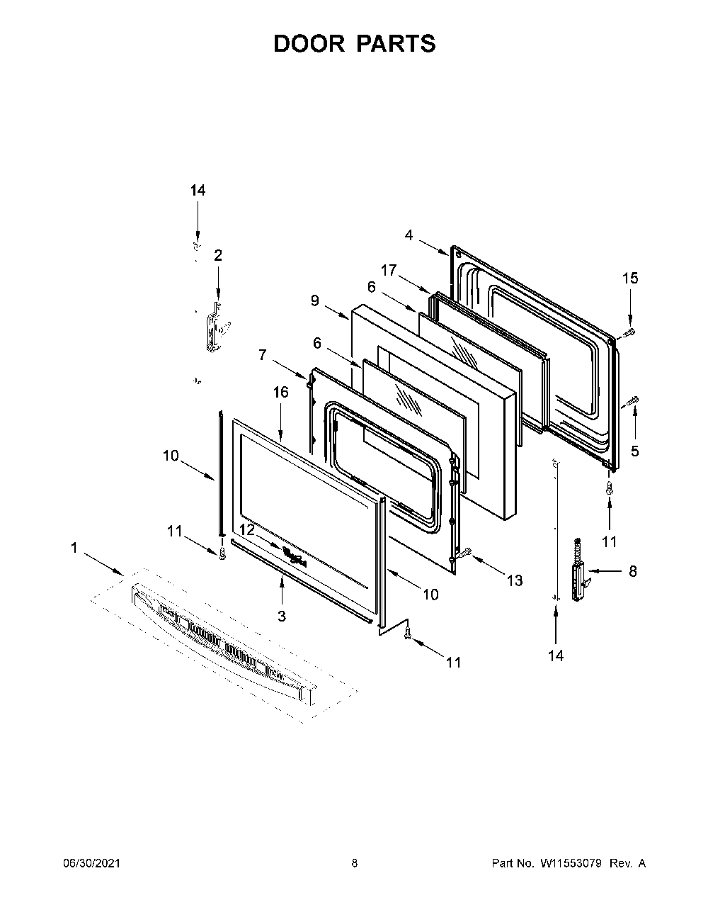 05 - Door Parts Diagram and Parts List for YWFE515S0JW1  Whirlpool Wall Oven