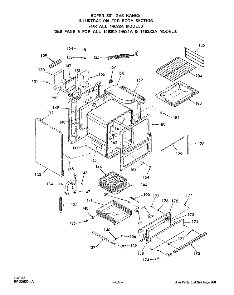 SECTION Diagram and Parts List for 1463W1A  Roper Range