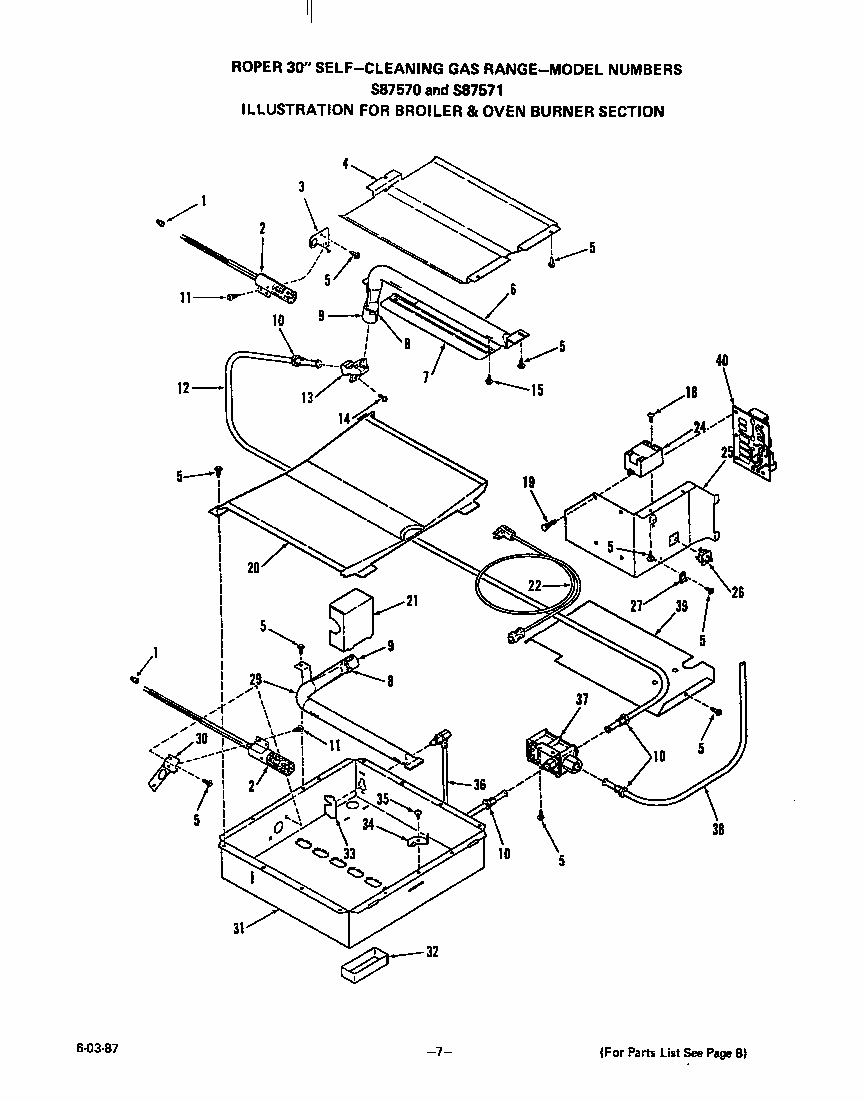 Broiler And Oven Burner Diagram and Parts List for S8757*0  Roper Range