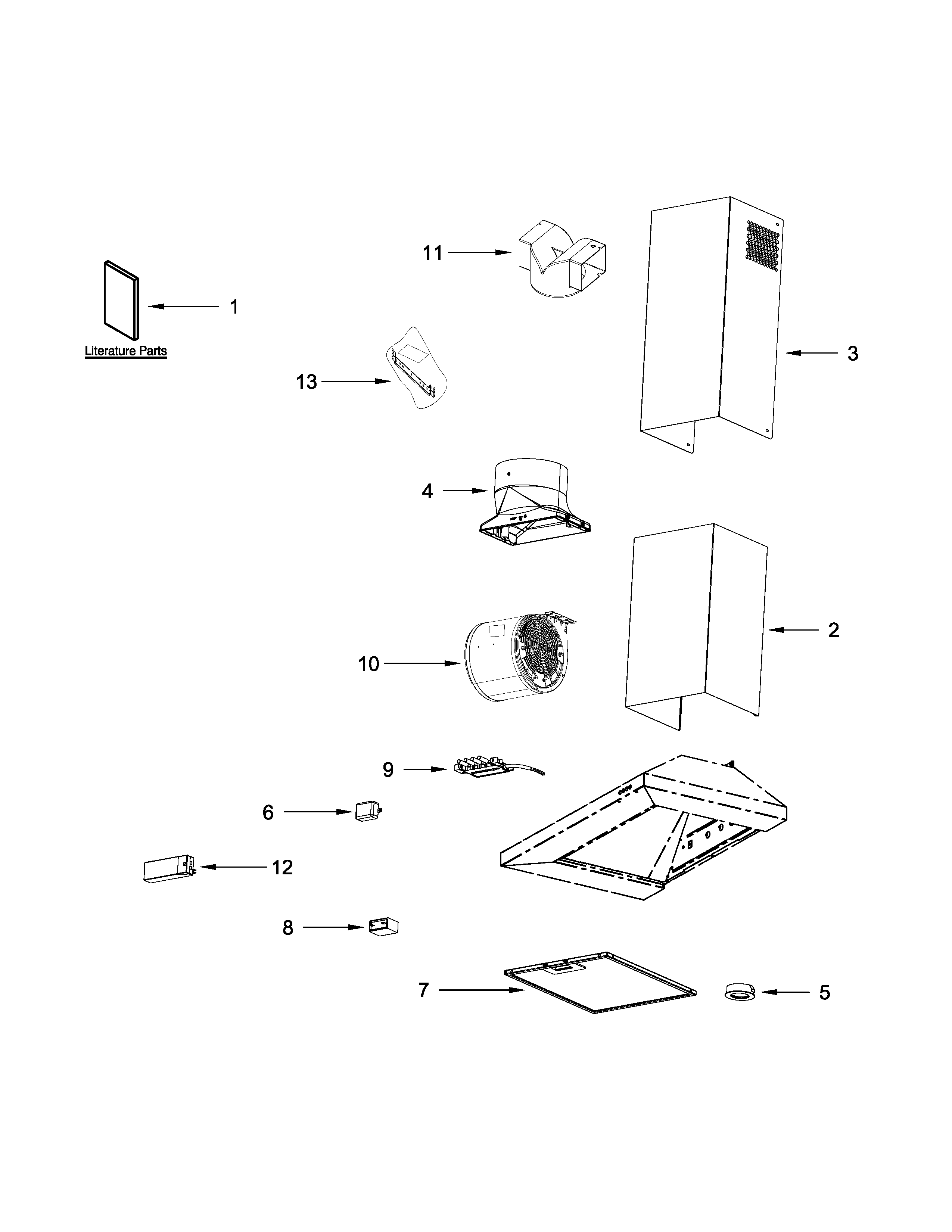 Hood Parts Diagram and Parts List for IHW53UC0FS0  Whirlpool Range Hood