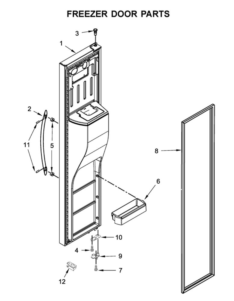 Freezer Door Parts Diagram and Parts List for WRS970CIHZ00  Whirlpool Refrigerator