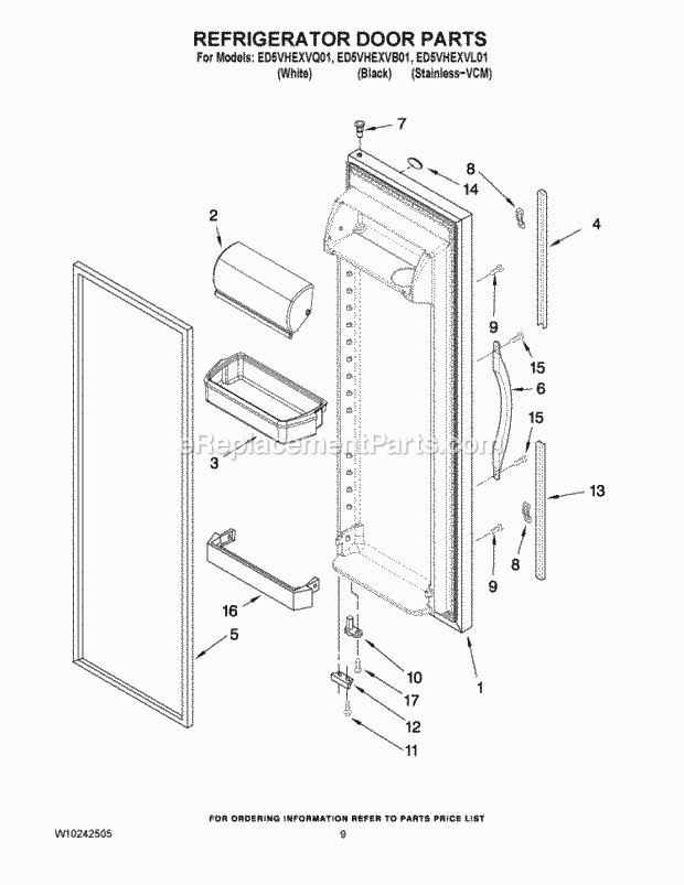 REFRIGERATOR DOOR PARTS Diagram and Parts List for ED5VHEXVB01  Whirlpool Refrigerator