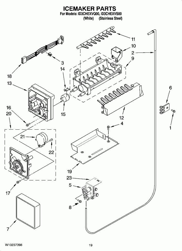 ICEMAKER PARTS Diagram and Parts List for ID3CHEXVQ00  Whirlpool Refrigerator