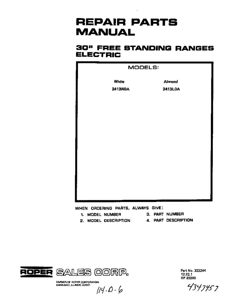 Cover Page Diagram and Parts List for 2413*0A  Roper Range