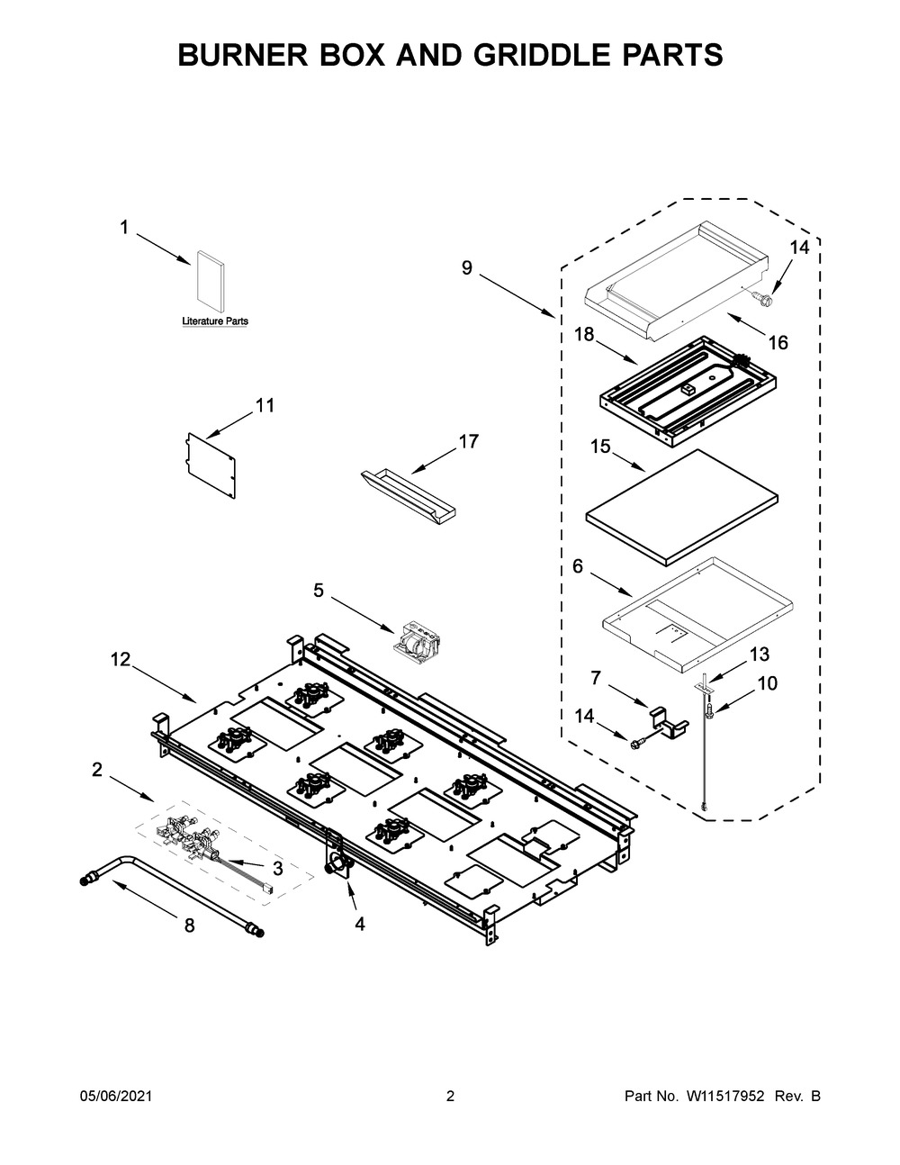 Burner Box And Griddle Parts Diagram and Parts List for KFGC558JBK02  Whirlpool Range