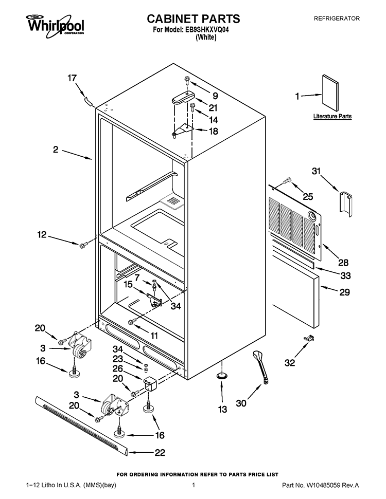 CABINET PARTS Diagram and Parts List for EB9SHKXVQ04  Whirlpool Refrigerator