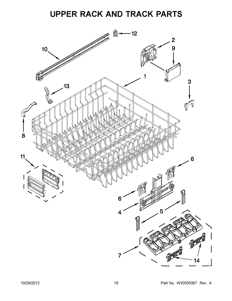 UPPER RACK AND TRACK PARTS Diagram and Parts List for KUDE20IXWH9  KitchenAid Dishwasher