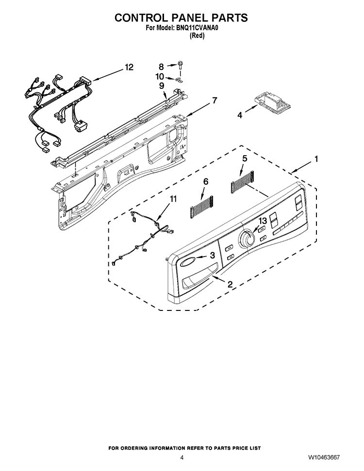 CONTROL PANEL PARTS Diagram and Parts List for BNQ11CVANA0  Whirlpool Washer