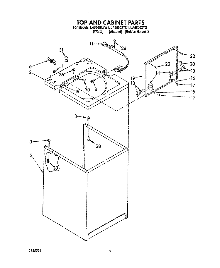 TOP AND CABINET, LIT/OPTIONAL Diagram and Parts List for LA5500XTW1  Whirlpool Washer