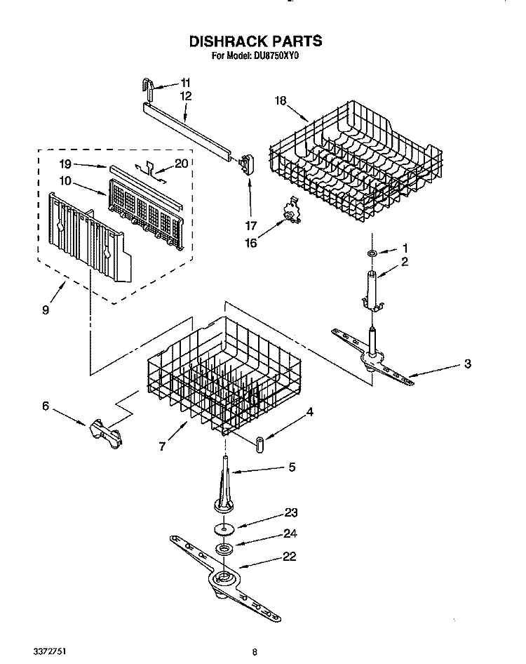 DISHRACK, LIT/OPTIONAL Diagram and Parts List for DU8750XY0  Whirlpool Dishwasher