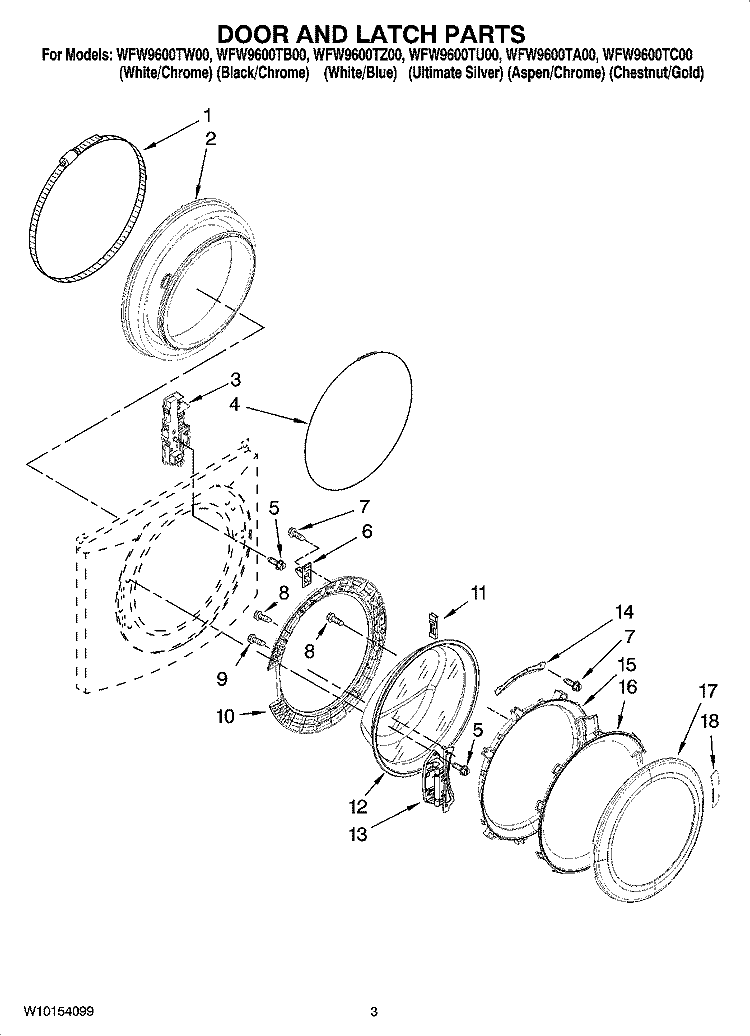 DOOR AND LATCH PARTS Diagram and Parts List for WFW9600TC00  Whirlpool Washer