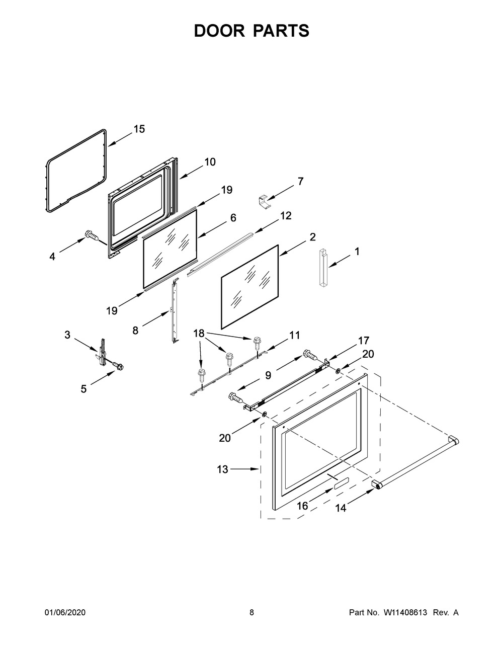 Door Parts Diagram and Parts List for YKFEG500EBS3  Whirlpool Range